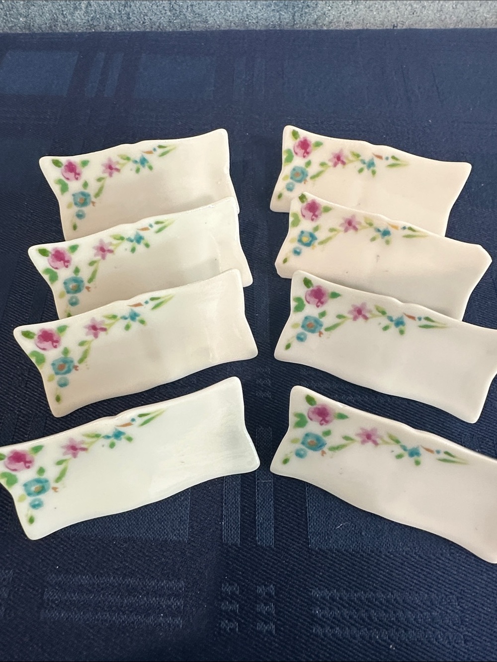 8 White Porcelain Writable Floral Place Card Holders with Pink and Blue Flowers